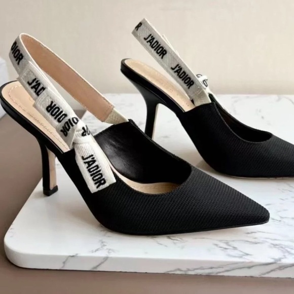 Dior Shoes - Dior Black Pointed Slingback Heels with White Logo Strap.